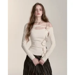 Via Pitti Irregular Floral Diagonal Shoulder Slim Top Beige