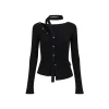 Via Pitti Irregular Ribbon Diagonal Shoulder Button Top Black