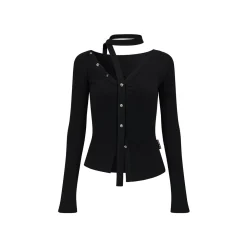 Via Pitti Irregular Ribbon Diagonal Shoulder Button Top Black