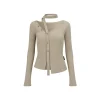 Via Pitti Irregular Ribbon Diagonal Shoulder Button Top Khaki