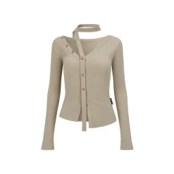 Via Pitti Irregular Ribbon Diagonal Shoulder Button Top Khaki