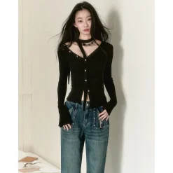 Via Pitti Irregular Ribbon Diagonal Shoulder Button Top Black
