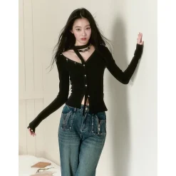 Via Pitti Irregular Ribbon Diagonal Shoulder Button Top Black