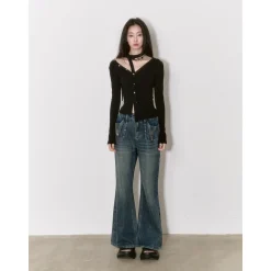 Via Pitti Irregular Ribbon Diagonal Shoulder Button Top Black