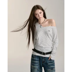 Via Pitti Irregular Striped Off-Shoulder Slim Top White