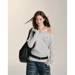 Via Pitti Irregular Striped Off-Shoulder Slim Top White