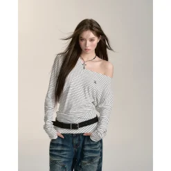 Via Pitti Irregular Striped Off-Shoulder Slim Top White