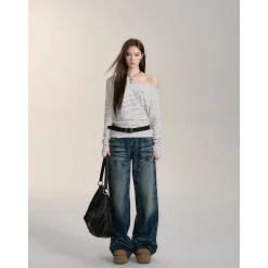 Via Pitti Irregular Striped Off-Shoulder Slim Top White