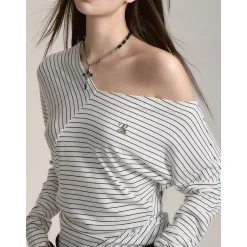 Via Pitti Irregular Striped Off-Shoulder Slim Top White
