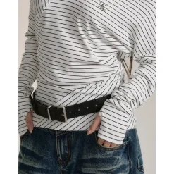 Via Pitti Irregular Striped Off-Shoulder Slim Top White