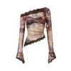 Via Pitti Lace Patchwork Diagonal Shoulder Gauze Top Brown