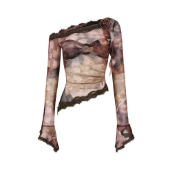 Via Pitti Lace Patchwork Diagonal Shoulder Gauze Top Brown