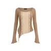 Via Pitti Lace Patchwork Knit Slim Top Khaki