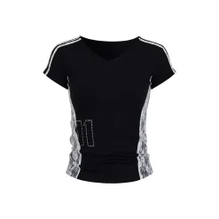 Via Pitti Lace Patchwork Rhinestone V-Neck Slim T-Shirt