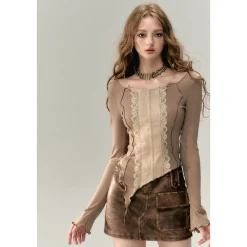 Via Pitti Lace Patchwork Knit Slim Top Khaki