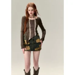 Via Pitti Lace Patchwork Knit Slim Top Celadon