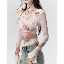 Via Pitti Lace Patchwork Diagonal Shoulder Gauze Top Beige