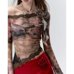 Via Pitti Lace Patchwork Diagonal Shoulder Gauze Top Brown