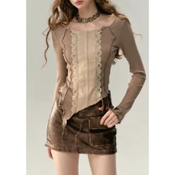 Via Pitti Lace Patchwork Knit Slim Top Khaki