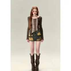 Via Pitti Lace Patchwork Knit Slim Top Celadon