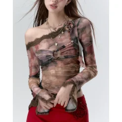 Via Pitti Lace Patchwork Diagonal Shoulder Gauze Top Brown