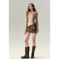Via Pitti Lace Patchwork Knit Slim Top Khaki
