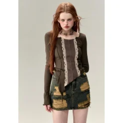 Via Pitti Lace Patchwork Knit Slim Top Celadon