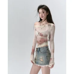Via Pitti Lace Patchwork Diagonal Shoulder Gauze Top Beige