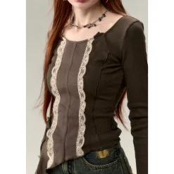 Via Pitti Lace Patchwork Knit Slim Top Celadon