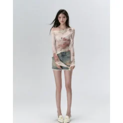 Via Pitti Lace Patchwork Diagonal Shoulder Gauze Top Beige