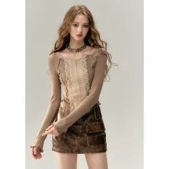 Via Pitti Lace Patchwork Knit Slim Top Khaki
