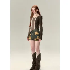 Via Pitti Lace Patchwork Knit Slim Top Celadon
