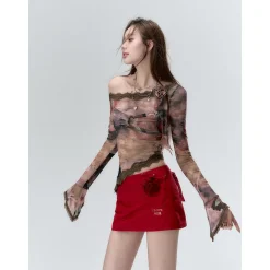 Via Pitti Lace Patchwork Diagonal Shoulder Gauze Top Brown