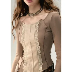 Via Pitti Lace Patchwork Knit Slim Top Khaki