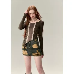 Via Pitti Lace Patchwork Knit Slim Top Celadon