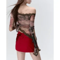Via Pitti Lace Patchwork Diagonal Shoulder Gauze Top Brown
