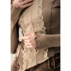 Via Pitti Lace Patchwork Knit Slim Top Khaki