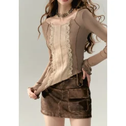Via Pitti Lace Patchwork Knit Slim Top Khaki
