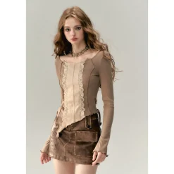 Via Pitti Lace Patchwork Knit Slim Top Khaki