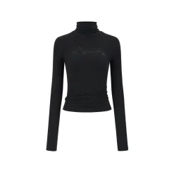 Via Pitti Logo Embroidery Pearl High Collar Slim Top Black