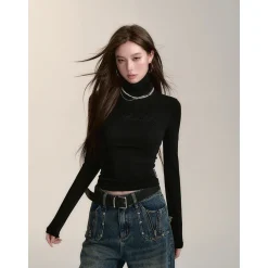 Via Pitti Logo Embroidery Pearl High Collar Slim Top Black