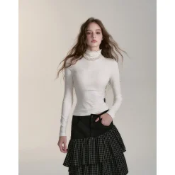 Via Pitti Logo Embroidery Pearl High Collar Slim Top White
