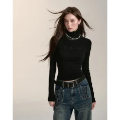 Via Pitti Logo Embroidery Pearl High Collar Slim Top Black