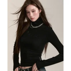 Via Pitti Logo Embroidery Pearl High Collar Slim Top Black