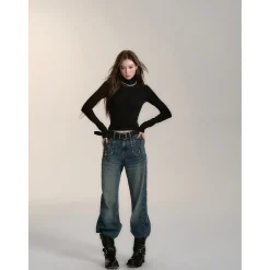 Via Pitti Logo Embroidery Pearl High Collar Slim Top Black