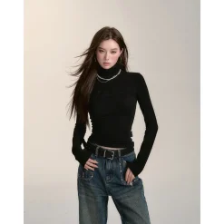 Via Pitti Logo Embroidery Pearl High Collar Slim Top Black