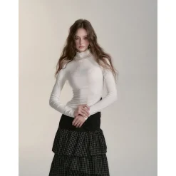 Via Pitti Logo Embroidery Pearl High Collar Slim Top White