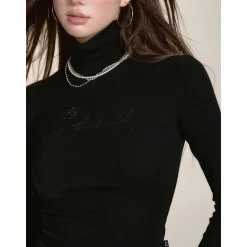 Via Pitti Logo Embroidery Pearl High Collar Slim Top Black