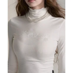 Via Pitti Logo Embroidery Pearl High Collar Slim Top White