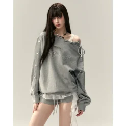 Via Pitti Nail Button Off-Shoulder Loose Sweat Top Gray